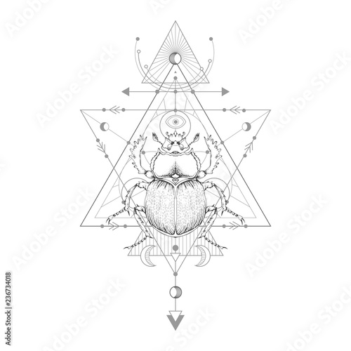 Vector illustration with hand drawn scarab and Sacred geometric symbol on white background. Abstract mystic sign.