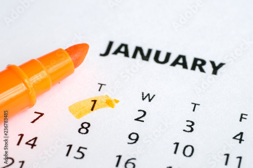 The concept of the new year. The first of January is marked on the calendar 2019 with an orange marker.