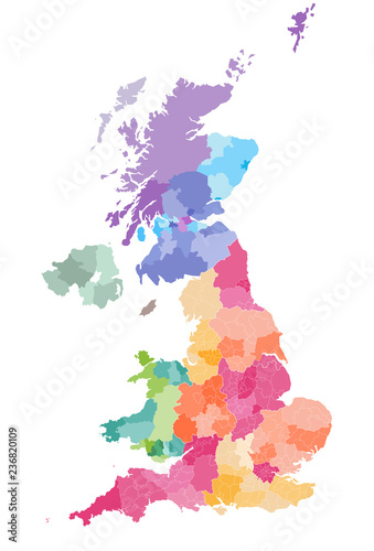 United Kingdom vector map colored by countries and regions. Districts and counties map of England, Wales, Scotland and Northern Ireland