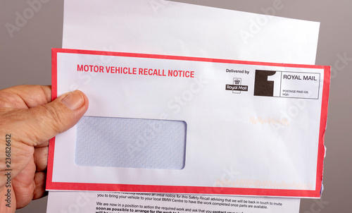 Official notification letter and envelope for a UK car safety recall