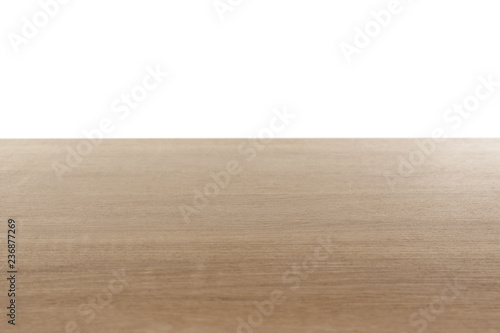 Stylish wooden table top against white background