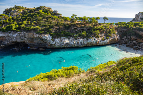 Mallorca in Balearic Islands, Spain. One of the most beautiful beach in the world with crystal clear turquoise waters and a wonderful paradise in the middle of the Mediterranean sea in Europe.