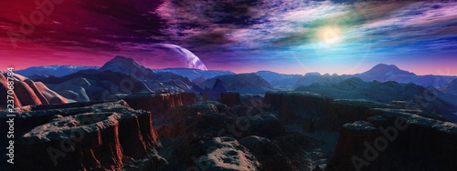 alien landscape, a panorama of a surface of another planet at sunrise, 