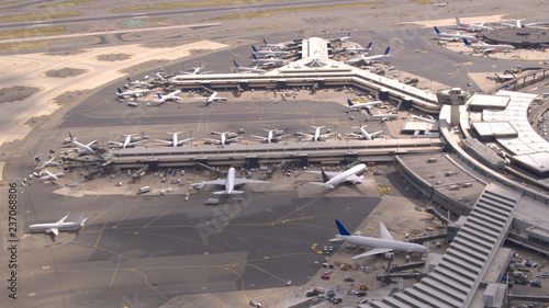 AERIAL: New York Newark International airport terminals and boarding apron