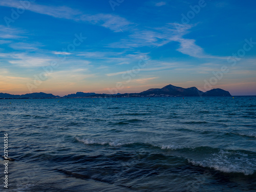 View to Spain Sea from Alcudia Beach at Blue Night