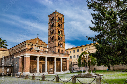 The church, the bell tower, and the liturgical fountain "the Paradise" in the Exarchic Monastery of Saint Mary in Grottaferrata, Greek Abbey of Saint Nilus, the last Byzantine-Greek monastery in Italy