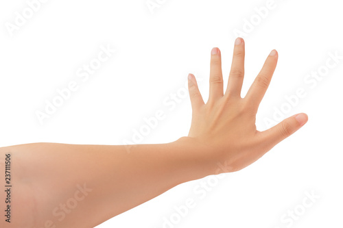 Human hand in forefinger pointer, touch, strike slightly or command gesture isolate on white background with clipping path, High resolution and low contrast for retouch or graphic design