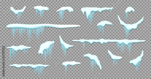 Set of isolated snow cap. Vector template with Snowy elements for your design. Realistic snowdrifts and icicles.