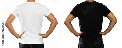 A man in an empty clean white and black t-shirt. Rear view. Isolated on white background