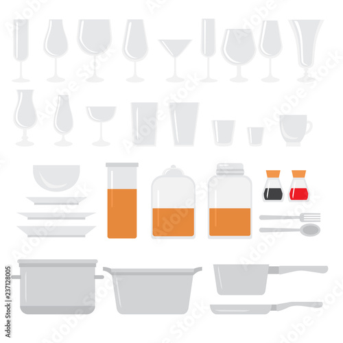 Flat Cooking equipment set. Chef design elements and tools icons. Kitchen dishes glasses, pans, plates