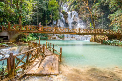 Pool and waterfall in the Tat Kuang Si waterfall system near Luang Prabang in Laos, Indochina, Asia.