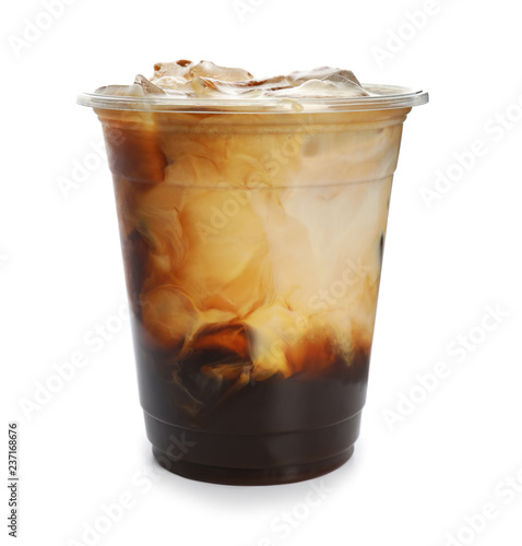 Plastic cup of cold coffee on white background