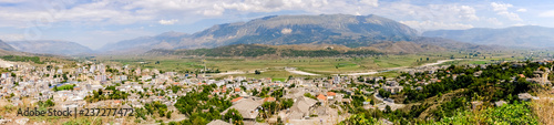 A panoramic view over town Gjirokaster and river Lumi Drino (Albania) from the Ali Pasha's fortress