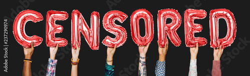 Hands holding censored word in balloon letters