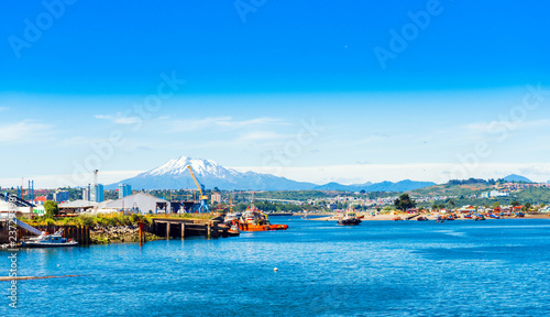 View of the Osorno volcano, Puerto Montt, Chile. Copy space for text.