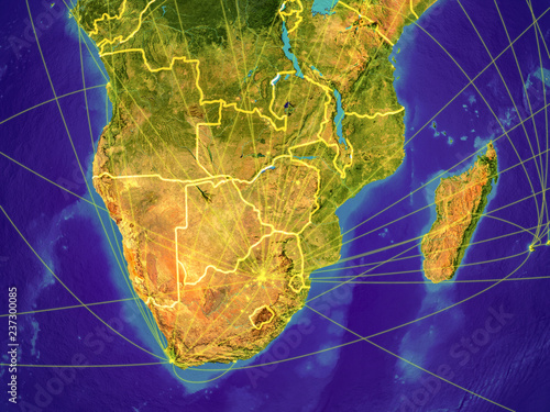 Southern Africa from space on Earth with country borders and lines representing international communication, travel, connections.