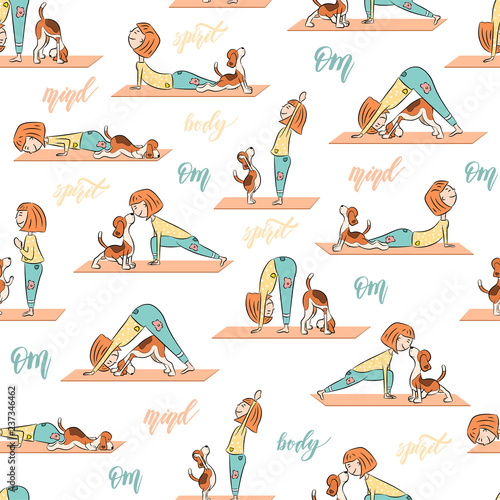 Yoga seamless pattern with cartoon girl and dog doing yoga posit