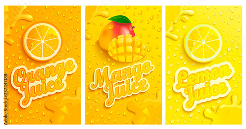 Set of fresh and cold lemon,mango,orange juices with drops from condensation on background, splashing and fruit slices for brand,logo and template,label,emblems,stores,packaging,advertising.Vector