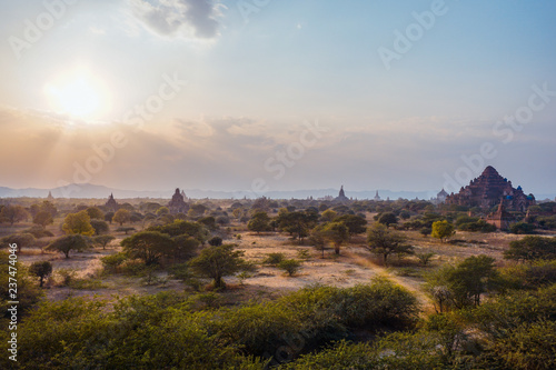 Beautiful sunset in the city of Bagan - the city of thousands of Buddhist pagodas and temples. Myanmar