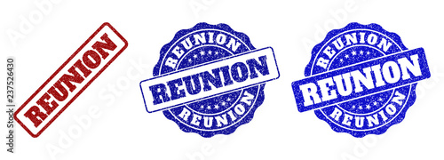 REUNION scratched stamp seals in red and blue colors. Vector REUNION imprints with draft effect. Graphic elements are rounded rectangles, rosettes, circles and text titles.