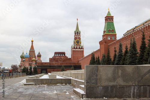 Lenin's Mausoleum, Kremlin, Red Square in dark colors, on an overcast day, Moscow, Russia, St. Basil's Cathedral