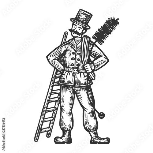 Chimney sweep man engraving vector illustration. Scratch board style imitation. Black and white hand drawn image.