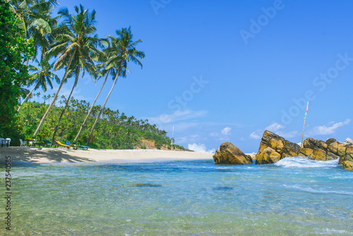 Tropical beach on a Sri Lanka's coast, coconut palms, white sand and the azure ocean. Beautiful tropical landscape