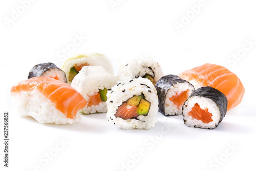 sushi assortment on black tray isolated on white background
