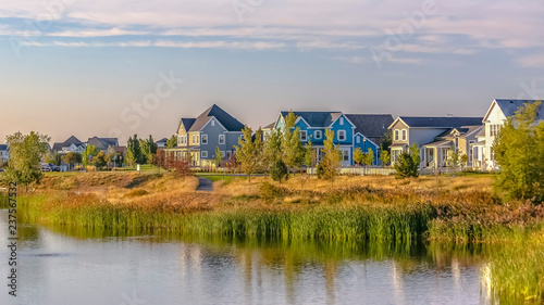 Scenic view of Oquirrh Lake with waterfront homes