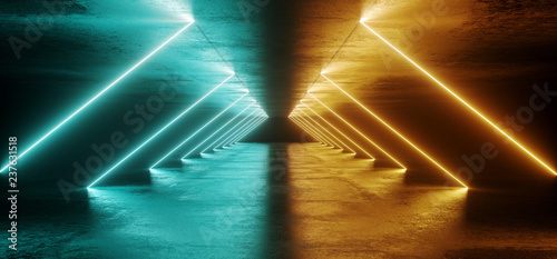 Sci Fi Abstract Futuristic Modern Dark Empty Grunge Textured Concrete Long Corridor Tunnel With Triangle Neon Led Laser Tube Light Lines Glowing Orange And Blue With Reflections 3D Rendering