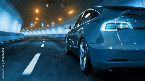 Modern Electric car rides through tunnel with warm yellow light 3d rendering