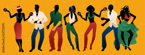 Salsa Party Time. Group of three men and four women dancing latin music. Two girls playing maracas and man playing the Claves.