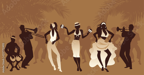 Salsa Party Time. Group of three girls dancing latin music and three musician playing bongos, trumpet and trombone. People and palm trees on the background