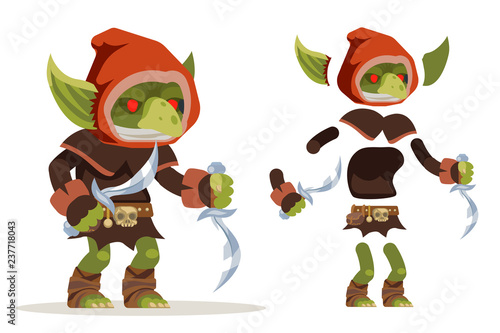 Goblin assassin outlaw thief burglar evil minion dungeon monster fantasy medieval action RPG game character layered animation ready character vector illustration