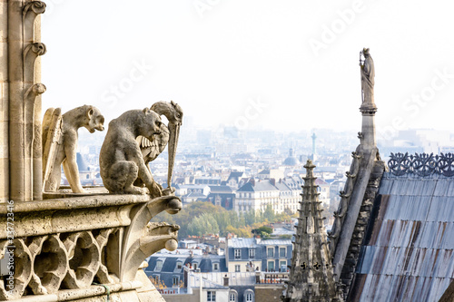 Three stone statues of chimeras overlooking the rooftop of Notre-Dame cathedral and the historic center of Paris from the towers gallery with the city vanishing in the mist in the distance.