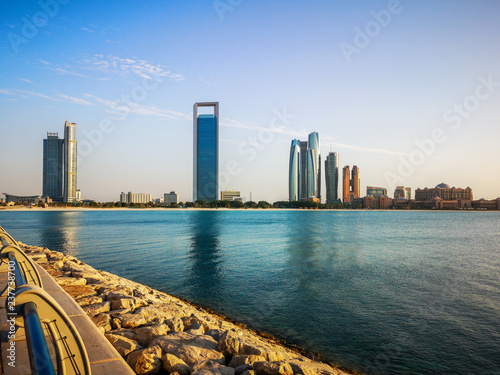 Beautiful view of Abu Dhabi city famous towers, buildings and beach