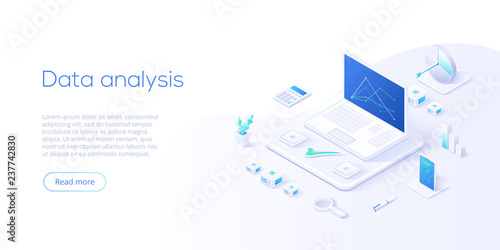 Data analysis isometric vector illustration. Abstract 3d datacenter or data center room background. Network mainframe infrastructure website header layout. Computer storage or farming workstation.
