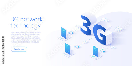 3g network technology in isometric vector illustration. Wireless mobile telecommunication service concept. Marketing website landing template. Smartphone internet speed connection background.