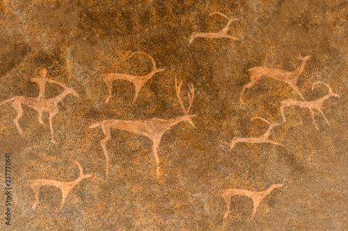 image of ancient animals, hunter on the cave wall. archaeology. history.