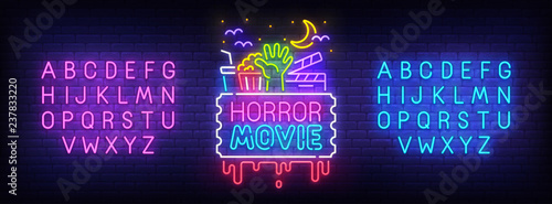 Horror movie neon sign, bright signboard, light banner. Night Cinema logo. Neon sign creator. Neon text edit. Vector illustration