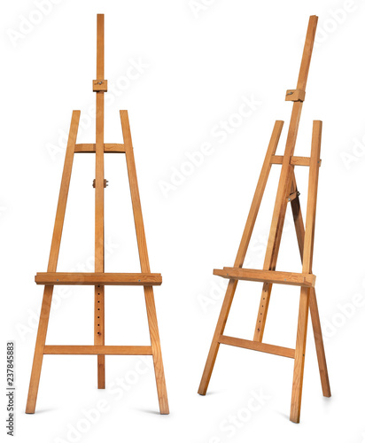 Wooden display easel front and side view isolated on a white background.