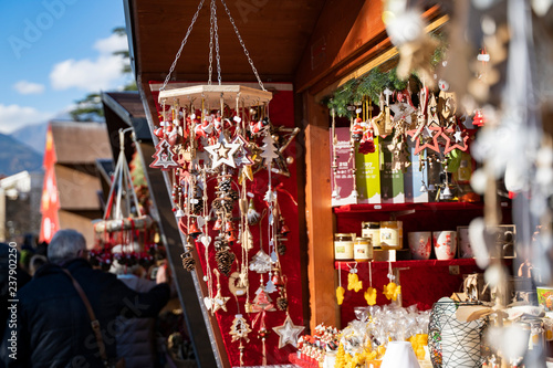 Handmade christmas decoration made out of natural materials on the christmas market of merano in south tyrol, Italy