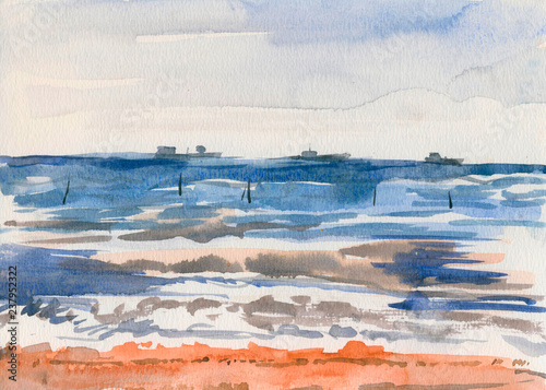 Watercolor seascape with ships on the horizon. Sea ocean sea water with different watercolors