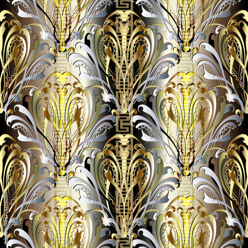 Baroque Damask vector ornate 3d seamless pattern. Decorative greek key meander borders ornament. Floral ornamental vintage background. Antique baroque Victorian style old ornament. Modern gold design