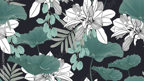 Botanical seamless pattern, green leaves and lotus leaves on dark blue background