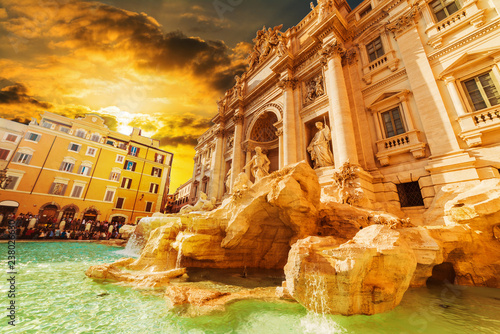 World famous Trevi fountain in Rome at sunset