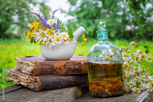 Mortar of healing herbs, bottle of healthy essential oil or infusion, old books and bunch of chamomile plant. Herbal medicine.