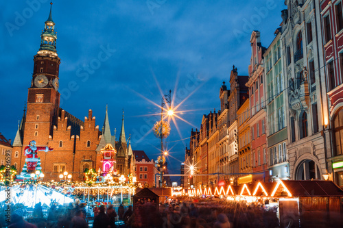 Christmas night market place in Wroclaw, Poland
