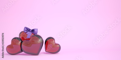 Glass Valentine hearts with purple bow on pink background. Valentine's day card template. 3D illustration