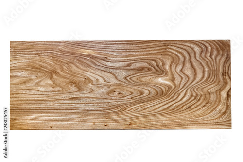 Slab table top of elm isolated on white background. Woodworking and carpentry production.